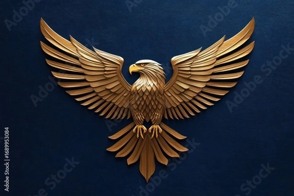 Fototapeta Detailed golden eagle sculpture with spread wings on dark blue textured background symbolizing power and freedom