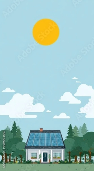 Fototapeta A cartoon country house with solar panels on the roof under a sunny sky amidst trees and clouds, evoking a sense of sustainable living and tranquility