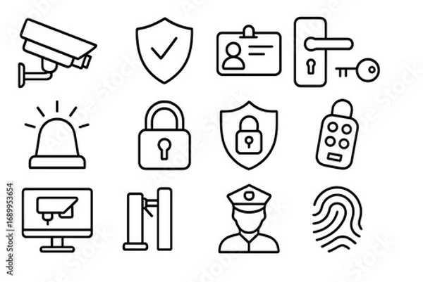 Fototapeta Security and access control line icon set. Thin outline symbols for safety and protection. Includes CCTV, alarm, lock, key, guard, id card, fingerprint and turnstile vector icons.