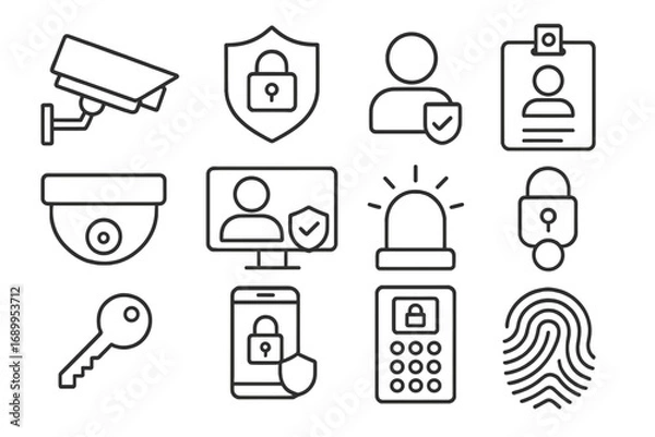Fototapeta Security and access control line icon set. Protection, monitoring, and authentication symbols. Vector icons for safety, cctv, biometrics, id badge, and digital access.