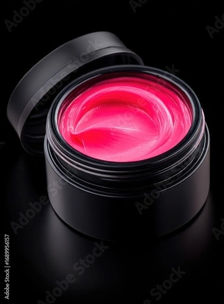 Fototapeta A black jar sits open revealing vibrant, swirled pink contents against a stark black background, creating high contrast and a minimalist aesthetic
