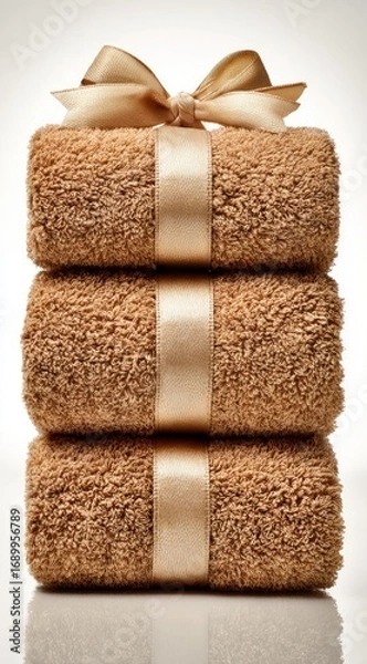Fototapeta Stack of three rolled, soft, tan towels, held together with a golden ribbon, presented against a light background, creating a serene and spa-like atmosphere