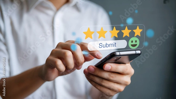Fototapeta Customer giving five star rating using smartphone for feedback platform