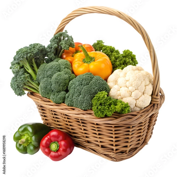Fototapeta Vibrant Vegetable Harvest: Colorful Peppers, Broccoli, and Cauliflower in a Rustic Basket on transparent background