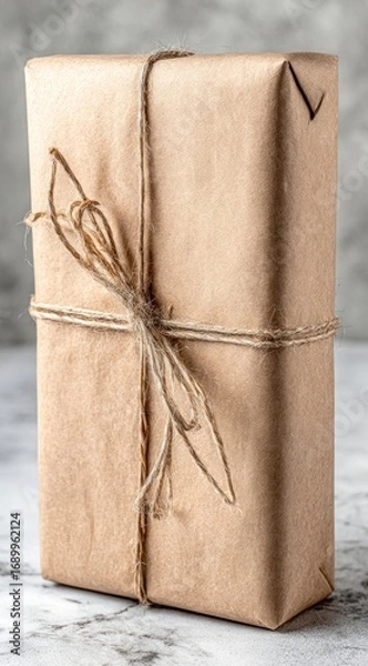 Fototapeta Rectangular package wrapped in kraft paper and tied with rustic twine, resting on a speckled surface against a blurred backdrop
