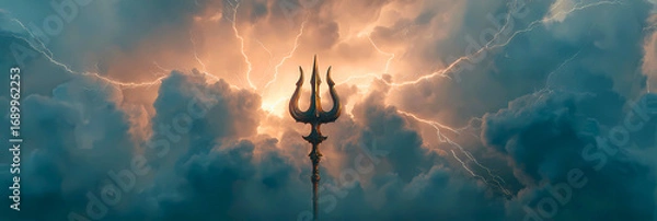 Fototapeta Powerful spiritual trident glowing with divine light amidst ethereal misty colorful smoke clouds representing divinity and power