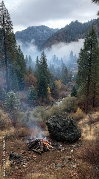 Fototapeta A scenic view of a mountain valley. A campfire burns in the foreground, with trees and mountains in the background, partially obscured by mist