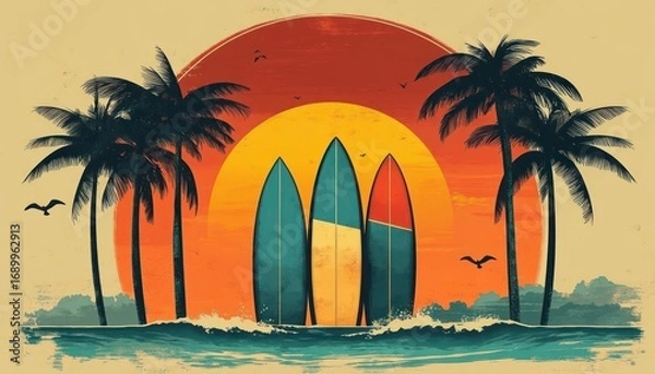 Fototapeta Three colorful surfboards standing upright in ocean waves framed by palm trees against a vibrant orange sunset with birds flying