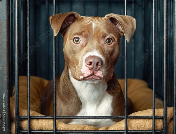 Fototapeta Brown and white dog sitting inside a metal cage on a beige cushion looking directly at the camera with a calm and attentive expression