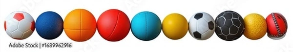 Fototapeta Row of ten different sports balls in various colors and textures on a white background
