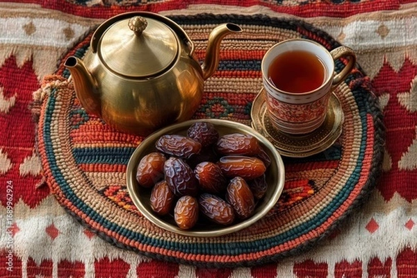 Fototapeta Traditional tea setup with a brass teapot, decorative cup of tea, and a plate of dates on a colorful woven mat evoking warmth and hospitality