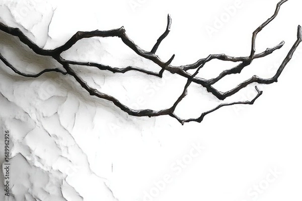 Fototapeta Minimalistic black dry tree branches against a textured white wall creating a stark and artistic contrast