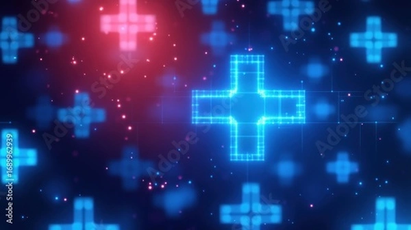 Fototapeta Digital glowing blue and red plus signs floating in a dark space with a futuristic and technological vibe