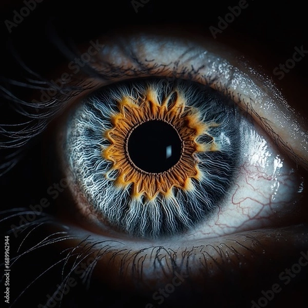 Fototapeta Extreme close-up of a human eye showing detailed blue and amber iris with intricate patterns and a dark pupil surrounded by glossy skin and eyelashes