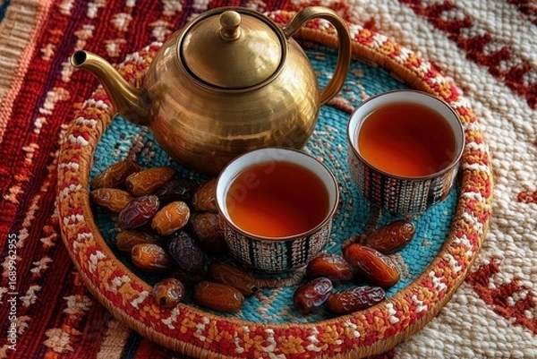 Fototapeta Traditional brass teapot with two cups of tea and a variety of dates arranged on a colorful woven tray placed on a vibrant textured fabric surface