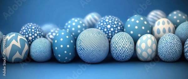 Fototapeta Row of blue and white patterned eggs with various geometric and abstract designs on a smooth blue background, creating a calm and visually pleasing arrangement