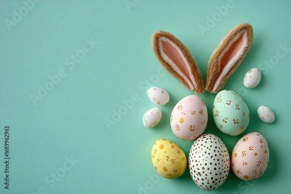 Fototapeta Colorful decorated Easter eggs arranged with bunny ears on a turquoise background evoking a festive and cheerful spring vibe