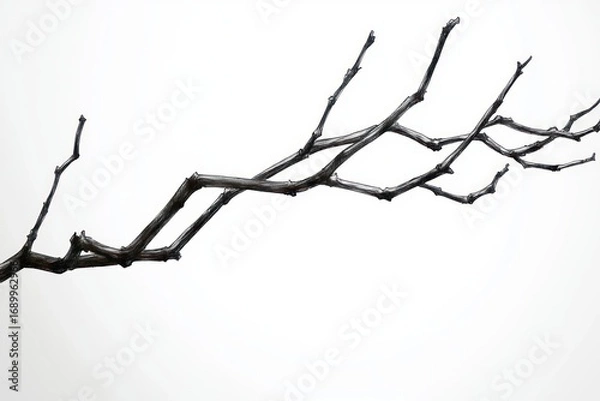 Fototapeta bare tree branch with multiple thin twigs isolated on a white background evoking simplicity and minimalism