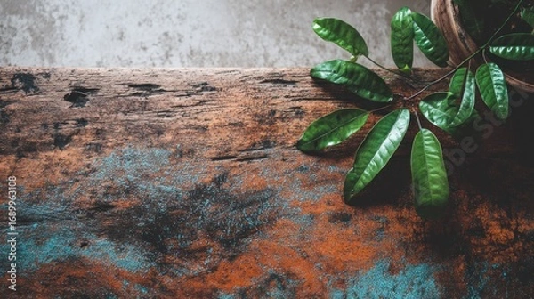 Fototapeta A weathered, blue-and-orange wooden surface contrasts with vibrant green leaves extending from above, against a soft, grey background