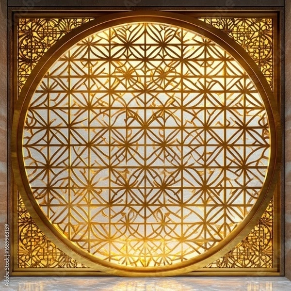 Fototapeta intricate geometric lattice window with circular golden frame and symmetrical floral patterns glowing with warm light