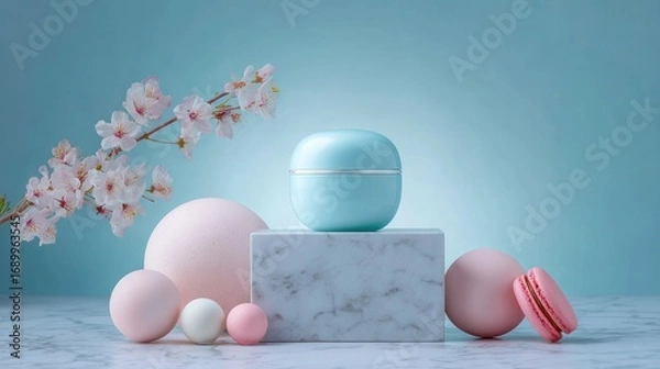 Fototapeta A still life scene a pastel blue jar on a marble block, surrounded by pink spheres, macarons, and cherry blossoms against a light blue backdrop