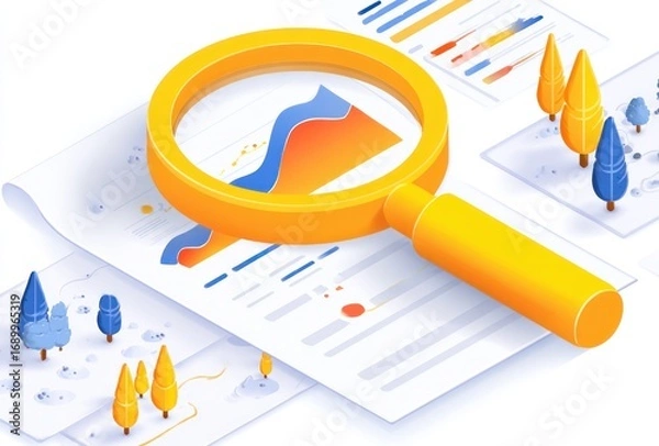Fototapeta A large, yellow magnifying glass examines a detailed document with charts, lines, and graphs, surrounded by stylized trees, all in soft, pastel colors
