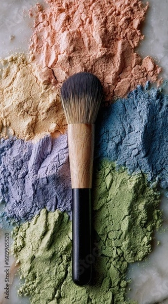 Fototapeta Makeup brush on a marble surface surrounded by colorful powders in orange, yellow, blue, purple and green hues, viewed from directly above