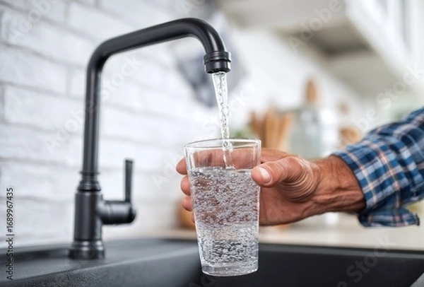 Fototapeta A hand holds a glass under a matte-black faucet, filling it with water. Blurred kitchen background. Soft, natural lighting. Clean and serene