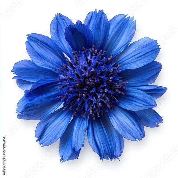 Fototapeta close up of a vibrant blue flower with detailed petals and a textured central disk isolated on white background