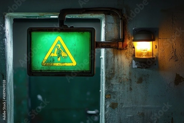 Fototapeta dimly lit industrial corridor with a green caution sign depicting a person working on knees and a rusty wall light casting an orange glow on grungy concrete walls