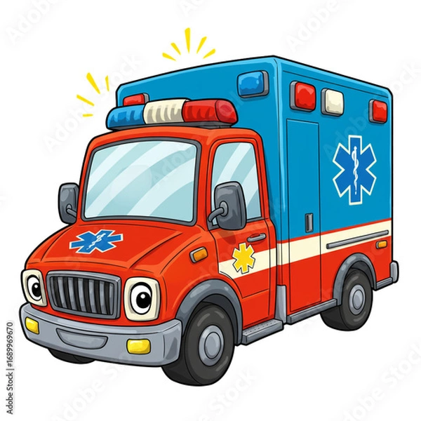 Fototapeta A charming and friendly cartoon ambulance with big eyes for headlights, a red cab, and a blue body, featuring a flashing siren and a medical star symbol.