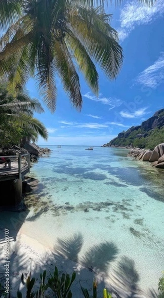 Obraz Tropical paradise vista turquoise waters, white sand beach, palm trees, and lush vegetation under a clear blue sky. Relaxing scenic view