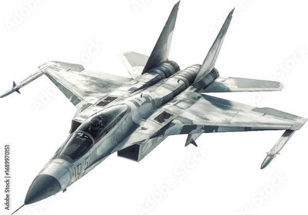 Obraz Camouflaged Fighter Jet with Missiles on White Background Keywords: fighter jet, airplane