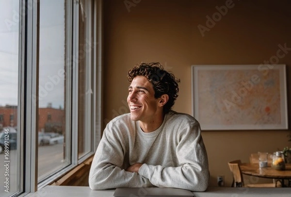 Fototapeta Young man with curly hair sits by a window, smiling, a laptop resting on the table. Warm interior with muted colors and sunlight
