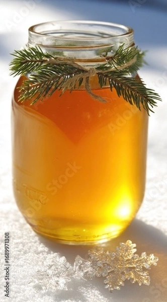 Fototapeta Golden liquid in a glass jar, decorated with evergreen sprigs and twine, resting on snowy ground alongside a decorative snowflake