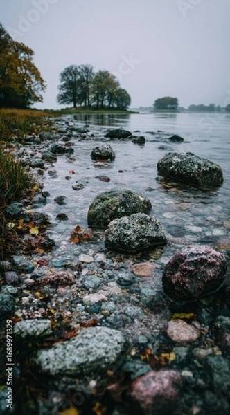 Obraz Cloudy lakeside view with colorful pebbles, shallow water, distant trees in muted tones creates serene & melancholic mood. Vertical crop