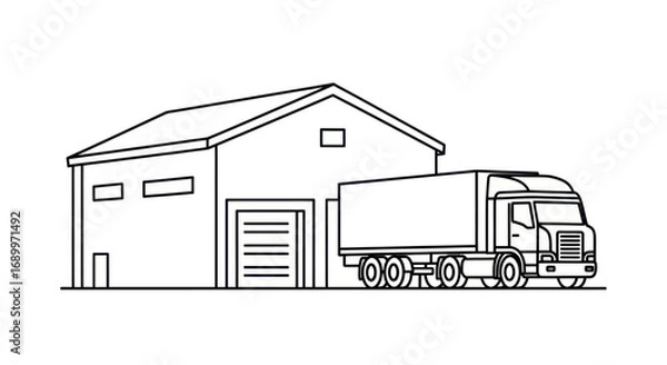 Fototapeta Warehouse building with a delivery truck parked at the loading dock.