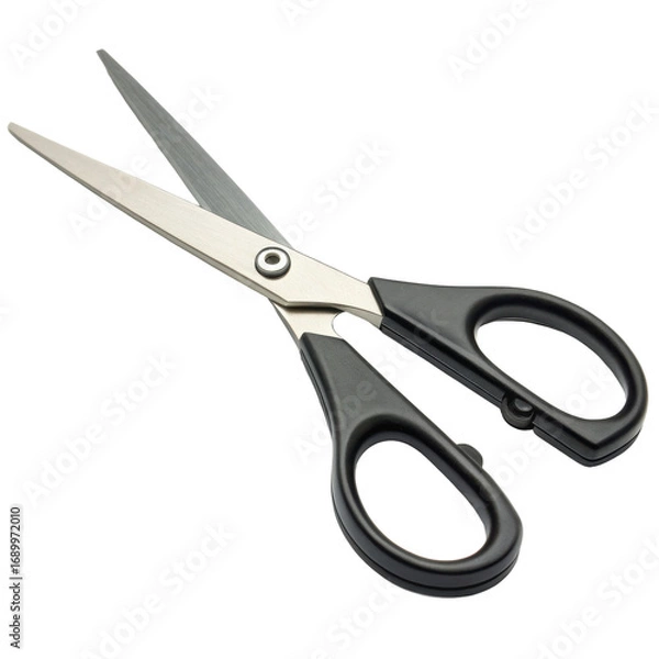 Fototapeta Standard pair of sharp scissors with shiny metal blades and ergonomic handles, precision cutting tool isolated on white background. PNG