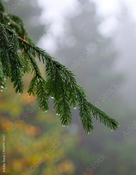 Fototapeta Spruce Branch in Foggy Forest