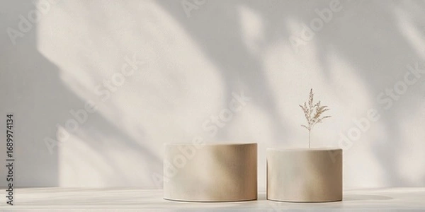 Fototapeta Two beige cylindrical pedestals on a light surface with soft natural shadows cast on a textured white wall, one pedestal displaying a delicate dried plant, evoking calm and minimalism