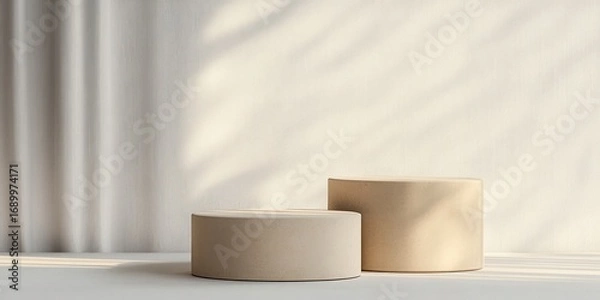Fototapeta Two minimalist beige cylindrical pedestals of different heights casting soft shadows against a light textured backdrop with subtle curtain folds and gentle light streaks