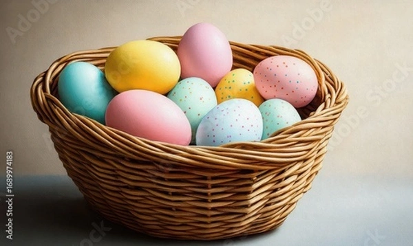 Fototapeta Basket filled with pastel colored and speckled eggs on a neutral background conveying a calm and springtime feeling