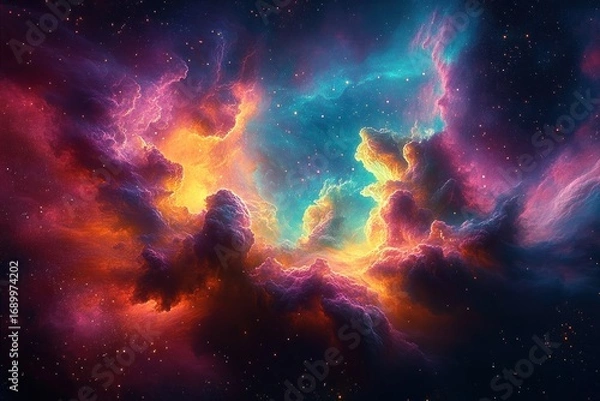 Fototapeta vibrant cosmic nebula with swirling clouds of bright orange, purple, blue, and pink hues illuminating deep space with scattered stars