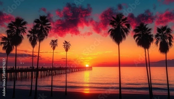 Fototapeta Vibrant sunset over ocean pier framed by tall palm trees with colorful red and orange clouds in the sky