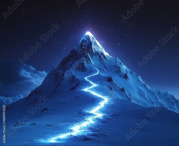 Fototapeta Snow-covered mountain at night with glowing zigzag path leading to the illuminated peak under a starry sky