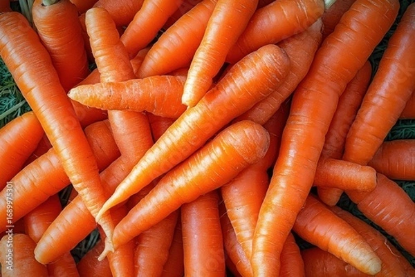 Fototapeta Close-up of fresh, bright orange carrots piled together with green leafy tops partially visible, showcasing natural texture and vibrant color