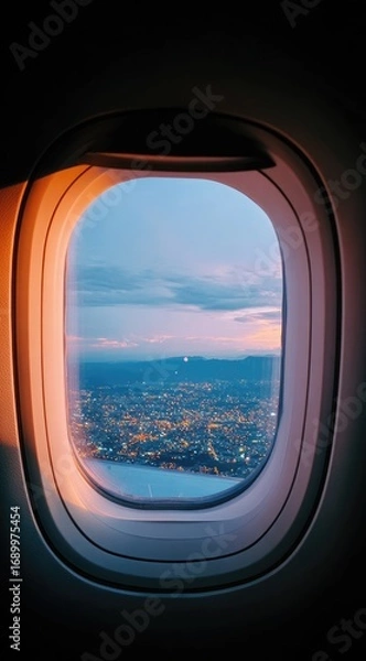 Obraz Airplane window view city lights twinkle below a pastel sky, as warm sunset light illuminates the frame's edge, creating a serene airborne perspective