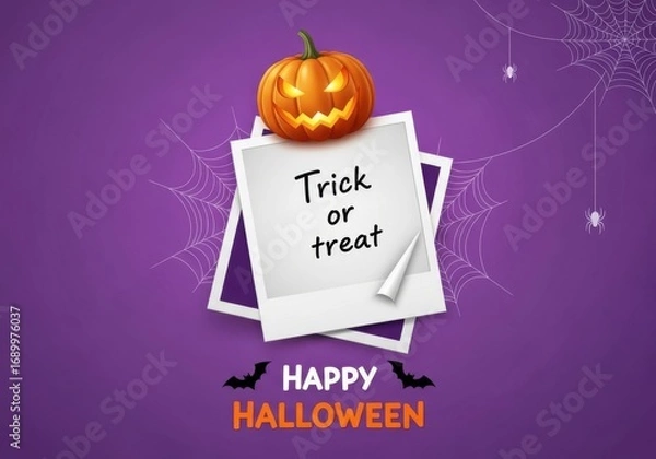 Fototapeta A spooky jackolantern sits atop polaroid photos with trick or treat text, set against a purple background with spiderwebs and bats