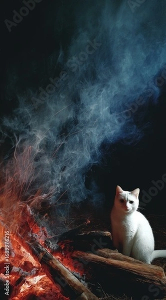 Obraz A white cat sits near a bright, crackling fire with billows of cool, blue smoke rising into the dark night sky
