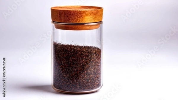 Fototapeta A glass jar with a wooden lid is filled with dark brown, granular content, displayed against a plain white background in a studio shot